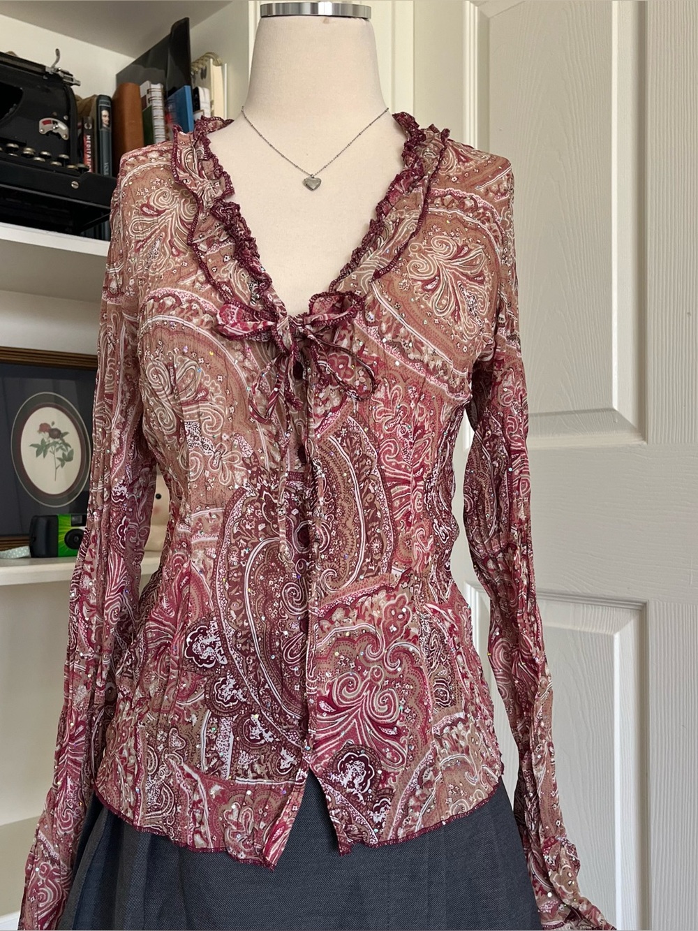 No Boundaries Burgundy Paisley Ruffle-Trim Sheer Blouse - Picture 2 of 7